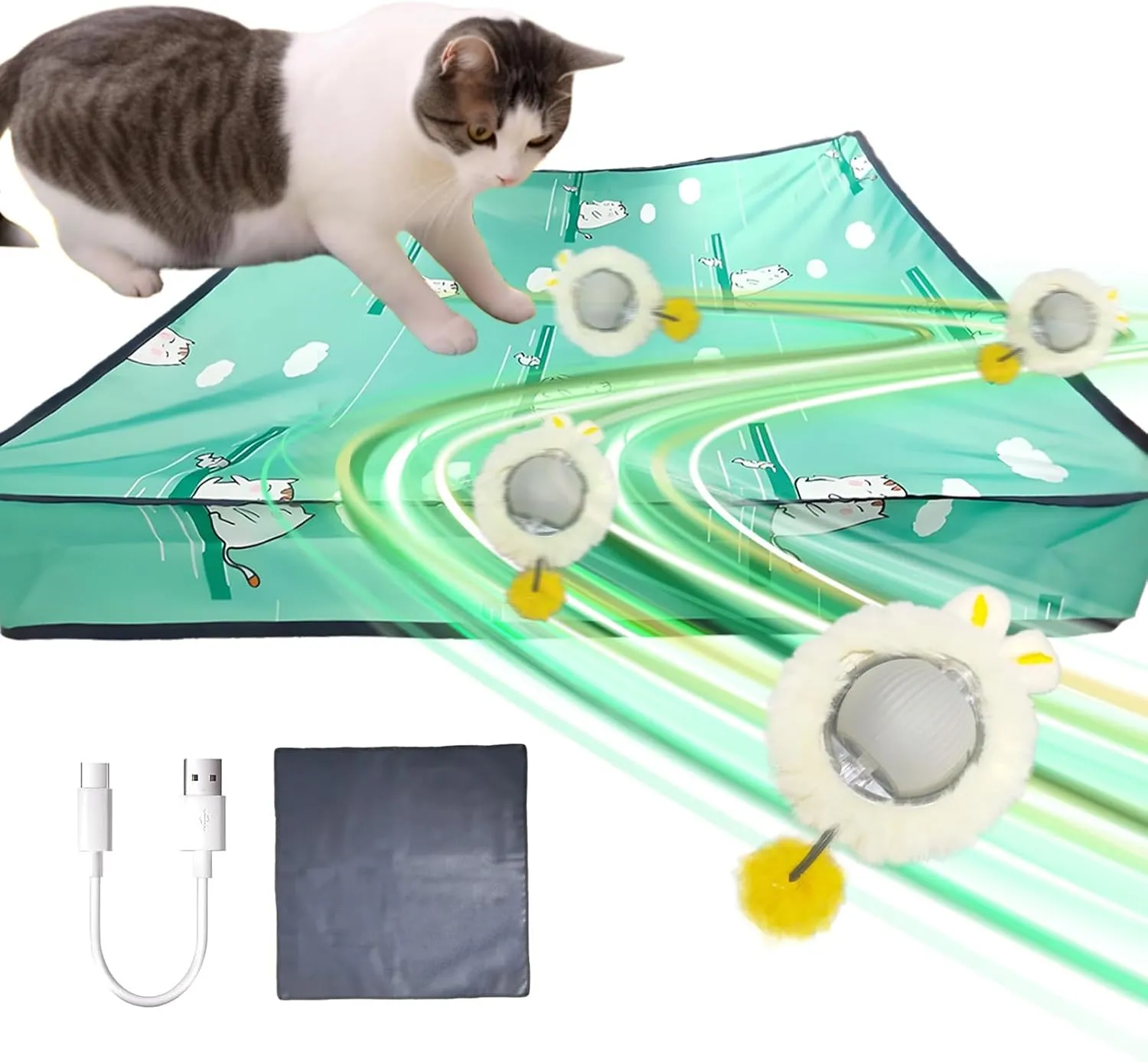 2 in 1 Interactive Cat Toys for Indoor, Toy Fast Rolling Ball in Play Mat,Kitten Automatic Toy Motion Activate,Rechargeable Kitten Toys Ball(Green)