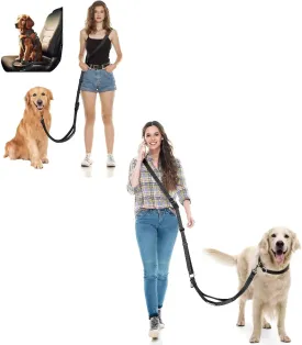 2-in1 Hands Free Dog Leash, Dog Seat Belt for Car, Waist Belt with Car Seatbelt and Double-Sided Reflective,Walking, Jogging,Hiking, Travel etc.(Black)