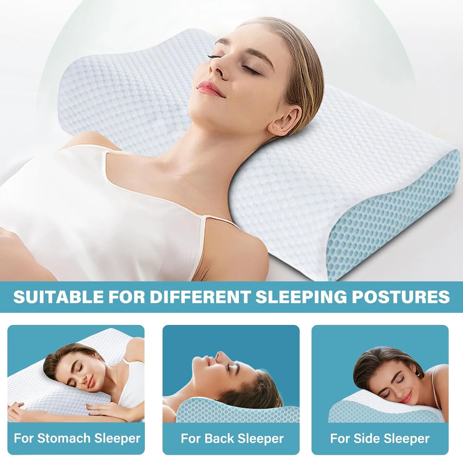 2 Pack Memory Foam Cooling Bed Pillows for Sleeping, Ergonomic Cervical Pillow for Neck and Shoulder Pain Relief, Adjustable Cold Pillow Set of 2,with PillowcaseBlue