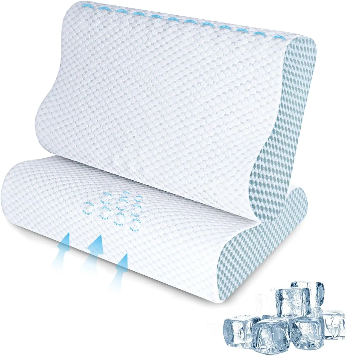 2 Pack Memory Foam Cooling Bed Pillows for Sleeping, Ergonomic Cervical Pillow for Neck and Shoulder Pain Relief, Adjustable Cold Pillow Set of 2,with PillowcaseBlue