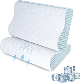2 Pack Memory Foam Cooling Bed Pillows for Sleeping, Ergonomic Cervical Pillow for Neck and Shoulder Pain Relief, Adjustable Cold Pillow Set of 2,with PillowcaseBlue