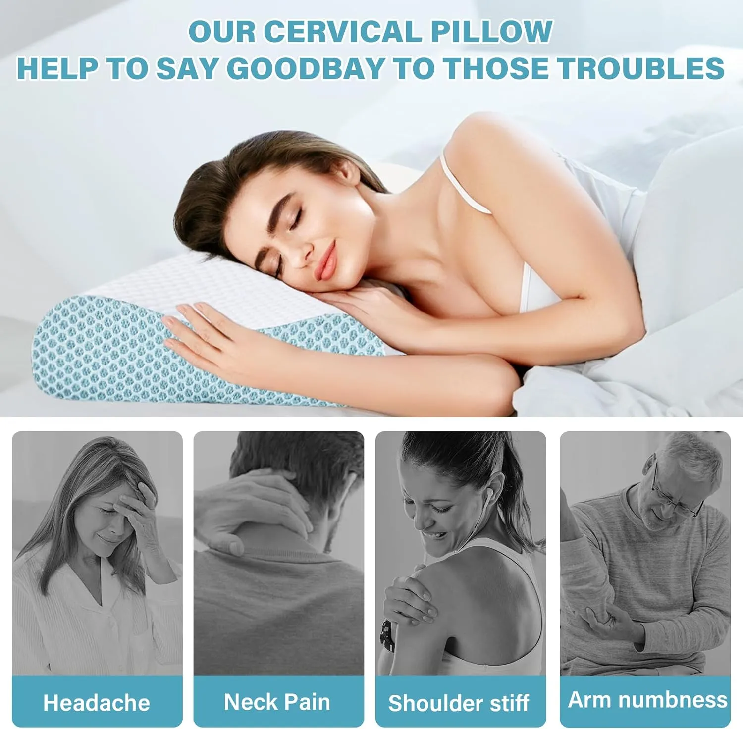 2 Pack Memory Foam Cooling Bed Pillows for Sleeping, Ergonomic Cervical Pillow for Neck and Shoulder Pain Relief, Adjustable Cold Pillow Set of 2,with PillowcaseBlue
