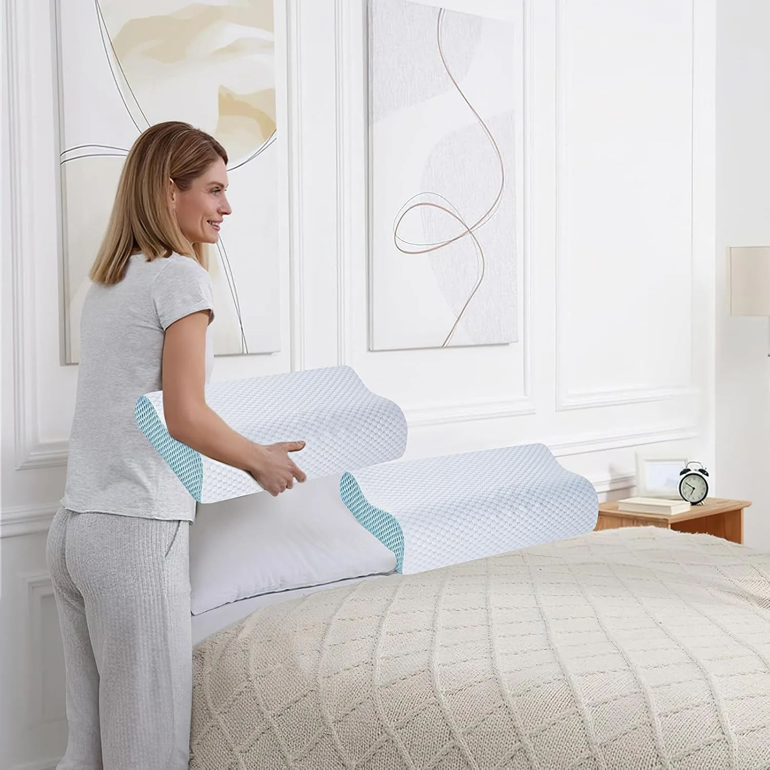 2 Pack Memory Foam Cooling Bed Pillows for Sleeping, Ergonomic Cervical Pillow for Neck and Shoulder Pain Relief, Adjustable Cold Pillow Set of 2,with PillowcaseBlue