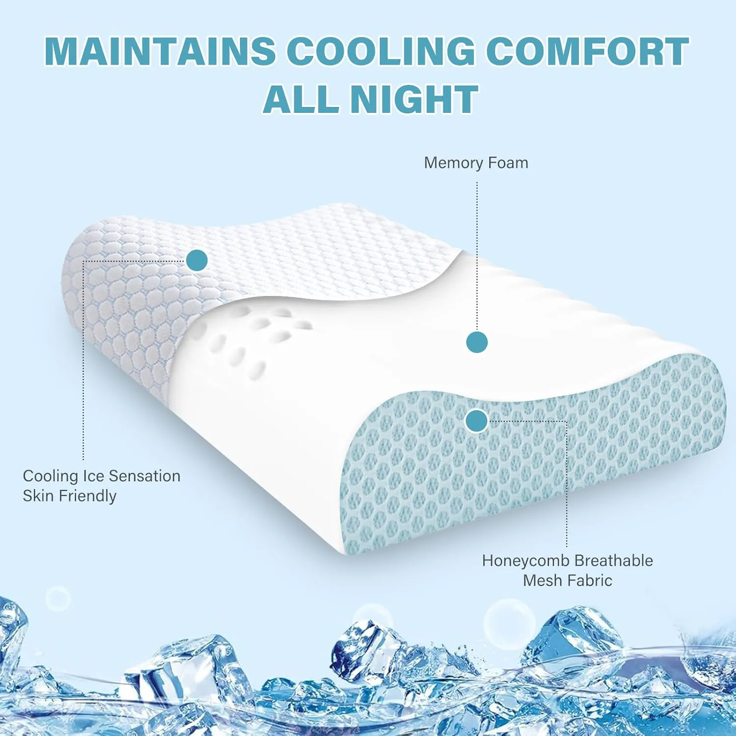 2 Pack Memory Foam Cooling Bed Pillows for Sleeping, Ergonomic Cervical Pillow for Neck and Shoulder Pain Relief, Adjustable Cold Pillow Set of 2,with PillowcaseBlue