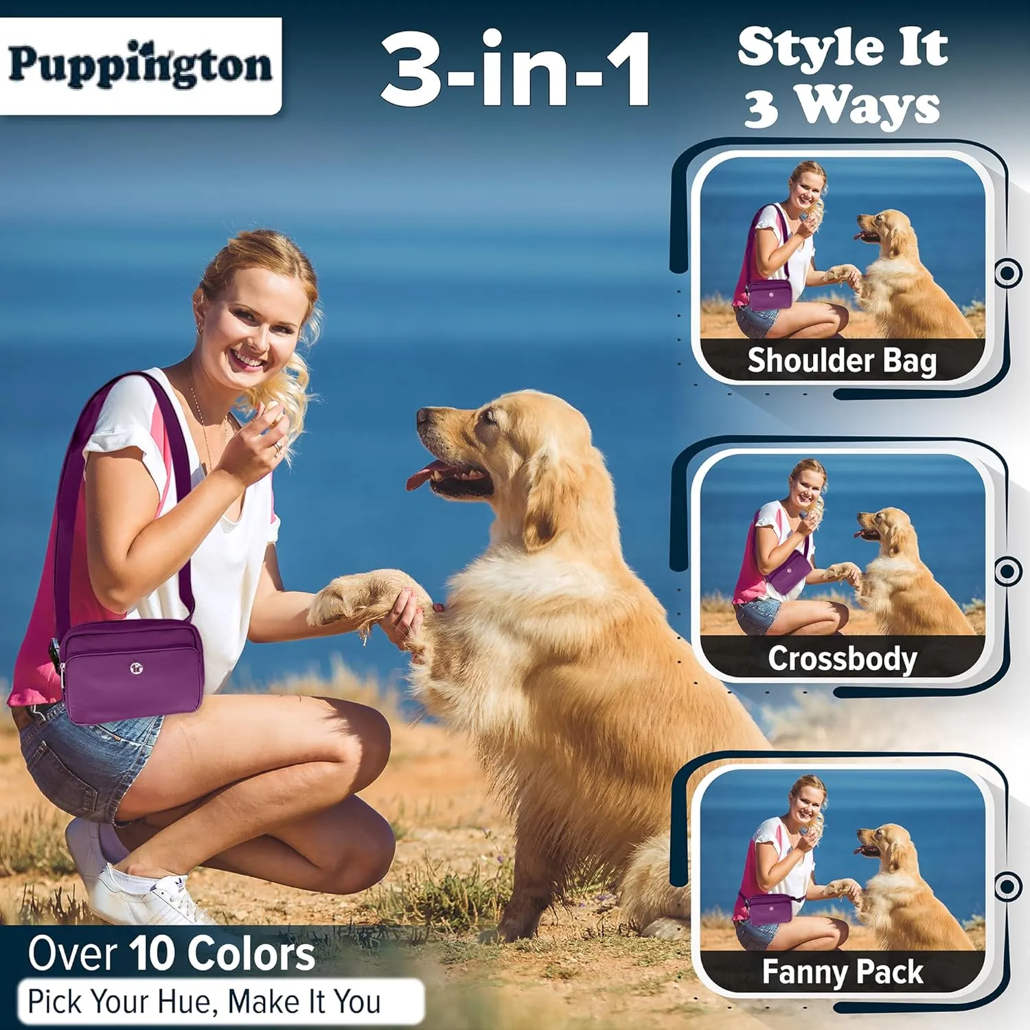 3-in-1 Crossbody Dog Walking Bag & Treat Pouch with Matching Planet Safe Poop Bags & Built-In Dispenser - Dog Mom Gift for Puppy Training with Zippered Pockets (Plum Wine)