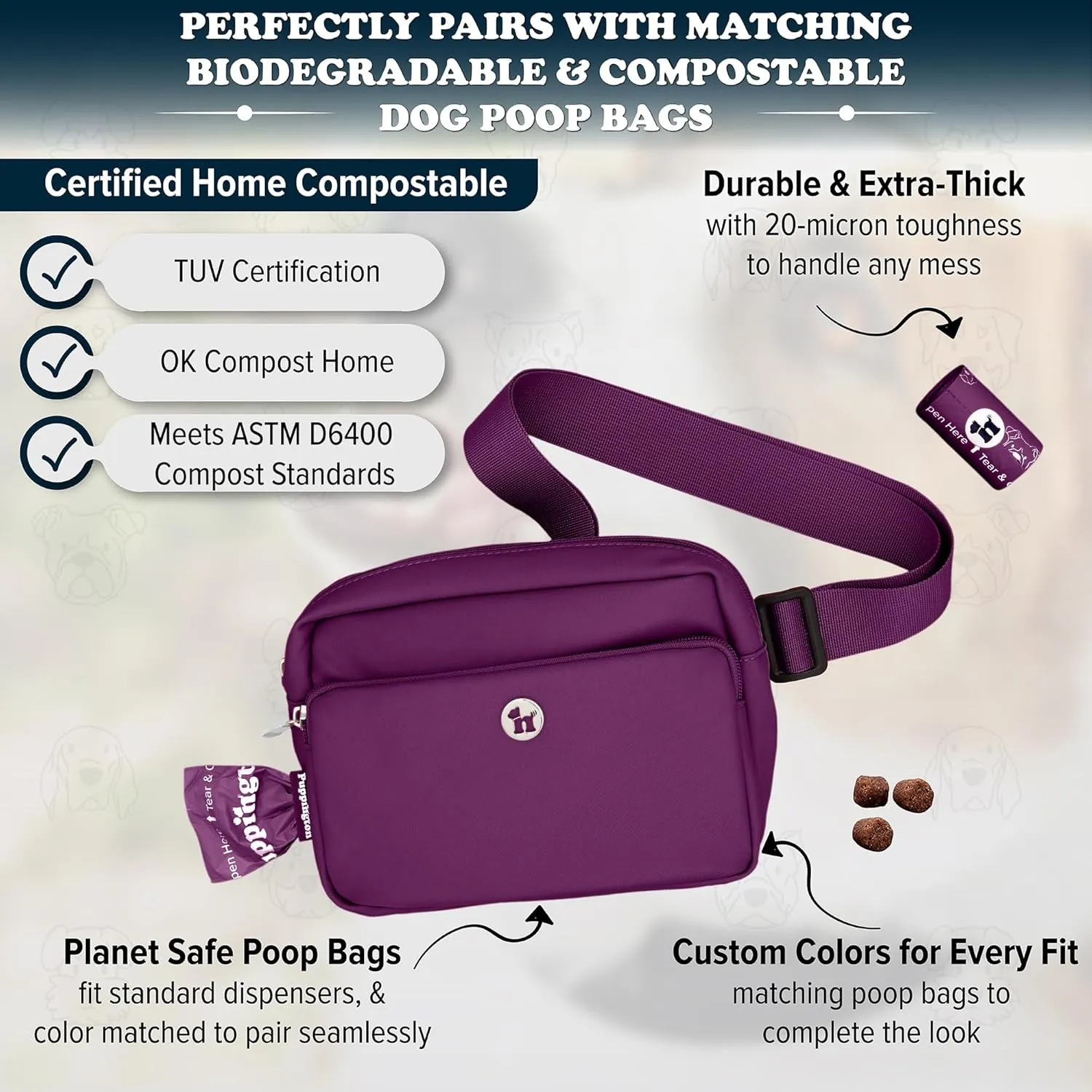 3-in-1 Crossbody Dog Walking Bag & Treat Pouch with Matching Planet Safe Poop Bags & Built-In Dispenser - Dog Mom Gift for Puppy Training with Zippered Pockets (Plum Wine)