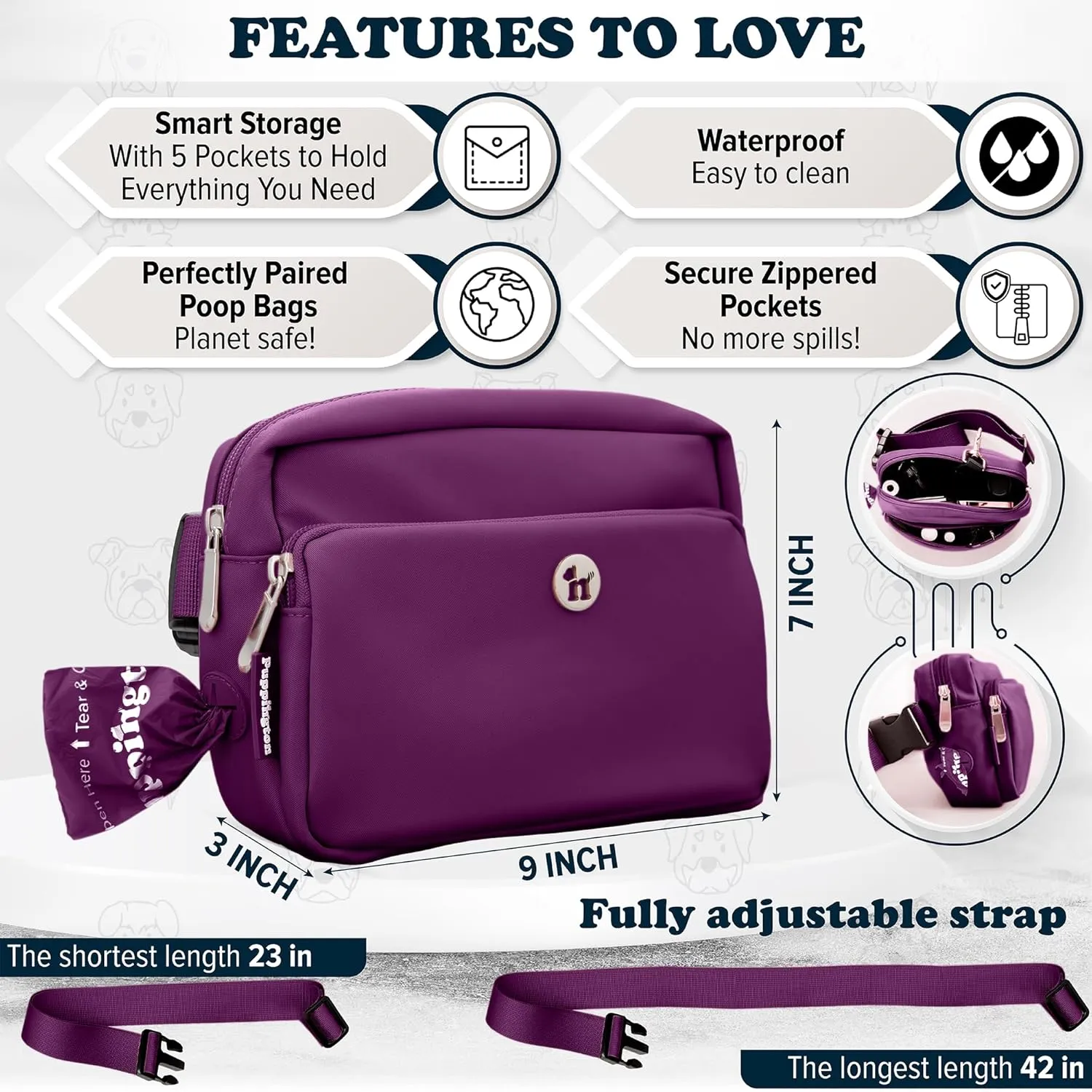 3-in-1 Crossbody Dog Walking Bag & Treat Pouch with Matching Planet Safe Poop Bags & Built-In Dispenser - Dog Mom Gift for Puppy Training with Zippered Pockets (Plum Wine)
