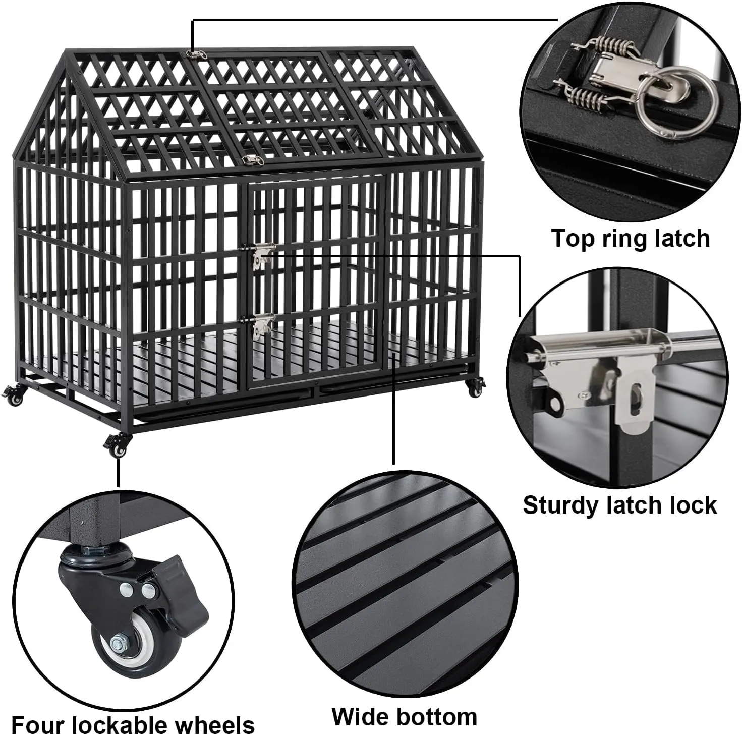 52 Inch Heavy Duty Dog Crate, Indestructible Escape Proof XL Metal Dog Kennel Cage for Large Medium Small Dogs, Indoor High Anxiety Pet Crate with 2 Door, 4 Lockable Wheels and Removable Tray
