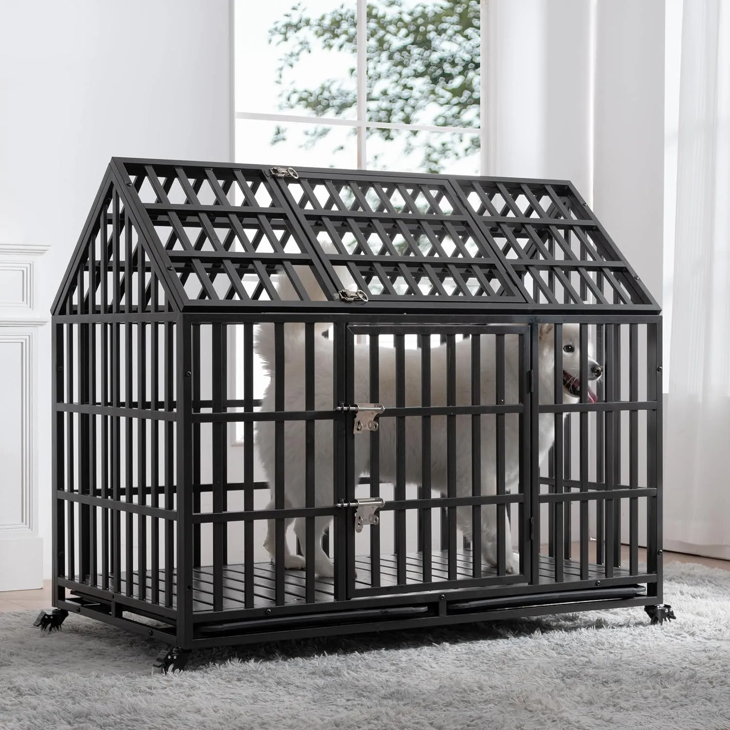 52 Inch Heavy Duty Dog Crate, Indestructible Escape Proof XL Metal Dog Kennel Cage for Large Medium Small Dogs, Indoor High Anxiety Pet Crate with 2 Door, 4 Lockable Wheels and Removable Tray