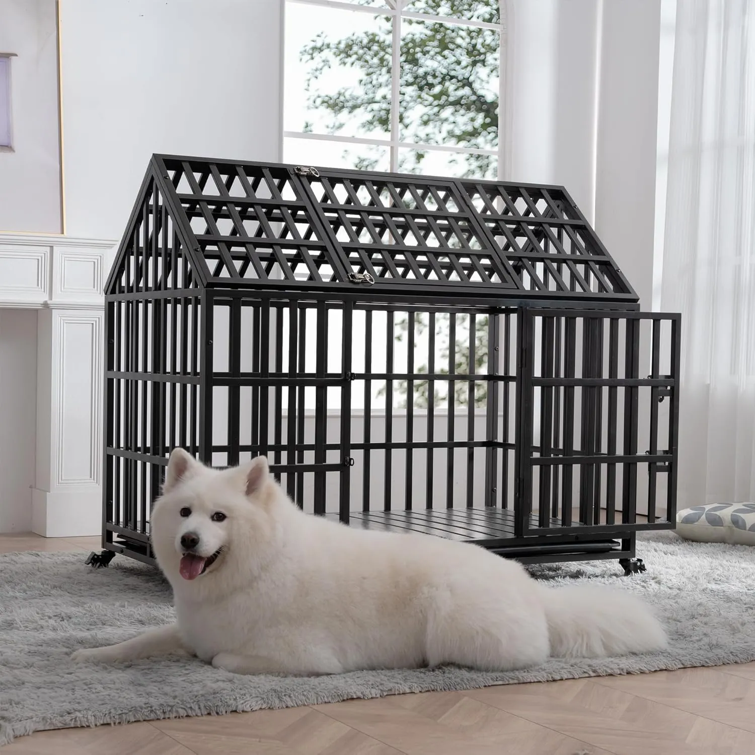 52 Inch Heavy Duty Dog Crate, Indestructible Escape Proof XL Metal Dog Kennel Cage for Large Medium Small Dogs, Indoor High Anxiety Pet Crate with 2 Door, 4 Lockable Wheels and Removable Tray