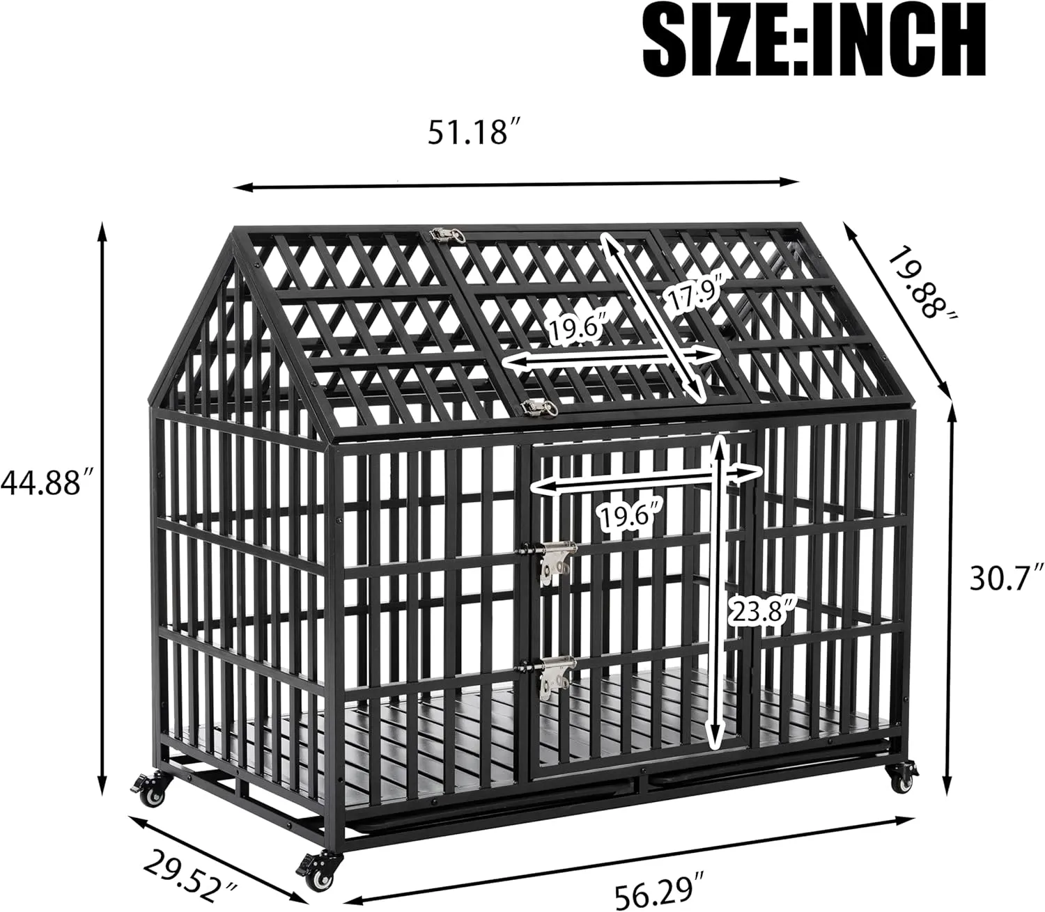 52 Inch Heavy Duty Dog Crate, Indestructible Escape Proof XL Metal Dog Kennel Cage for Large Medium Small Dogs, Indoor High Anxiety Pet Crate with 2 Door, 4 Lockable Wheels and Removable Tray