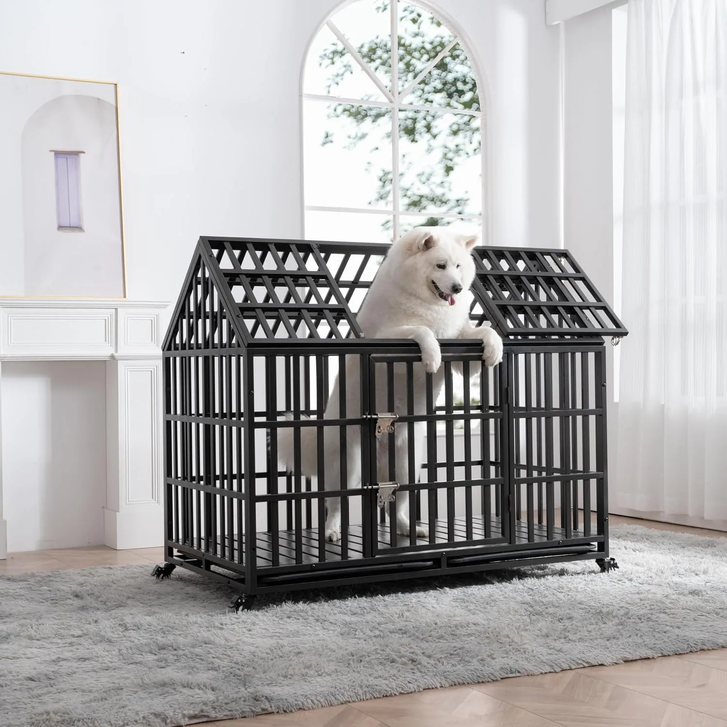 52 Inch Heavy Duty Dog Crate, Indestructible Escape Proof XL Metal Dog Kennel Cage for Large Medium Small Dogs, Indoor High Anxiety Pet Crate with 2 Door, 4 Lockable Wheels and Removable Tray