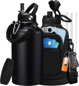 64 oz Insulated Water Bottle with Straw & Auto Spout Lids, Paracord Handle, Half Gallon Waterbottle Strap Carrier & Protective Boot, Wide Mouth Metal Canteen Thermo Mug, Leak-proof Sports