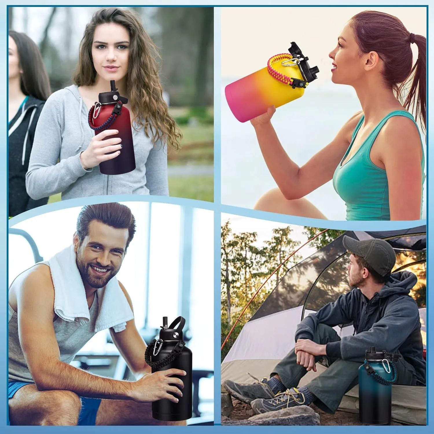 64 oz Insulated Water Bottle with Straw & Auto Spout Lids, Paracord Handle, Half Gallon Waterbottle Strap Carrier & Protective Boot, Wide Mouth Metal Canteen Thermo Mug, Leak-proof Sports