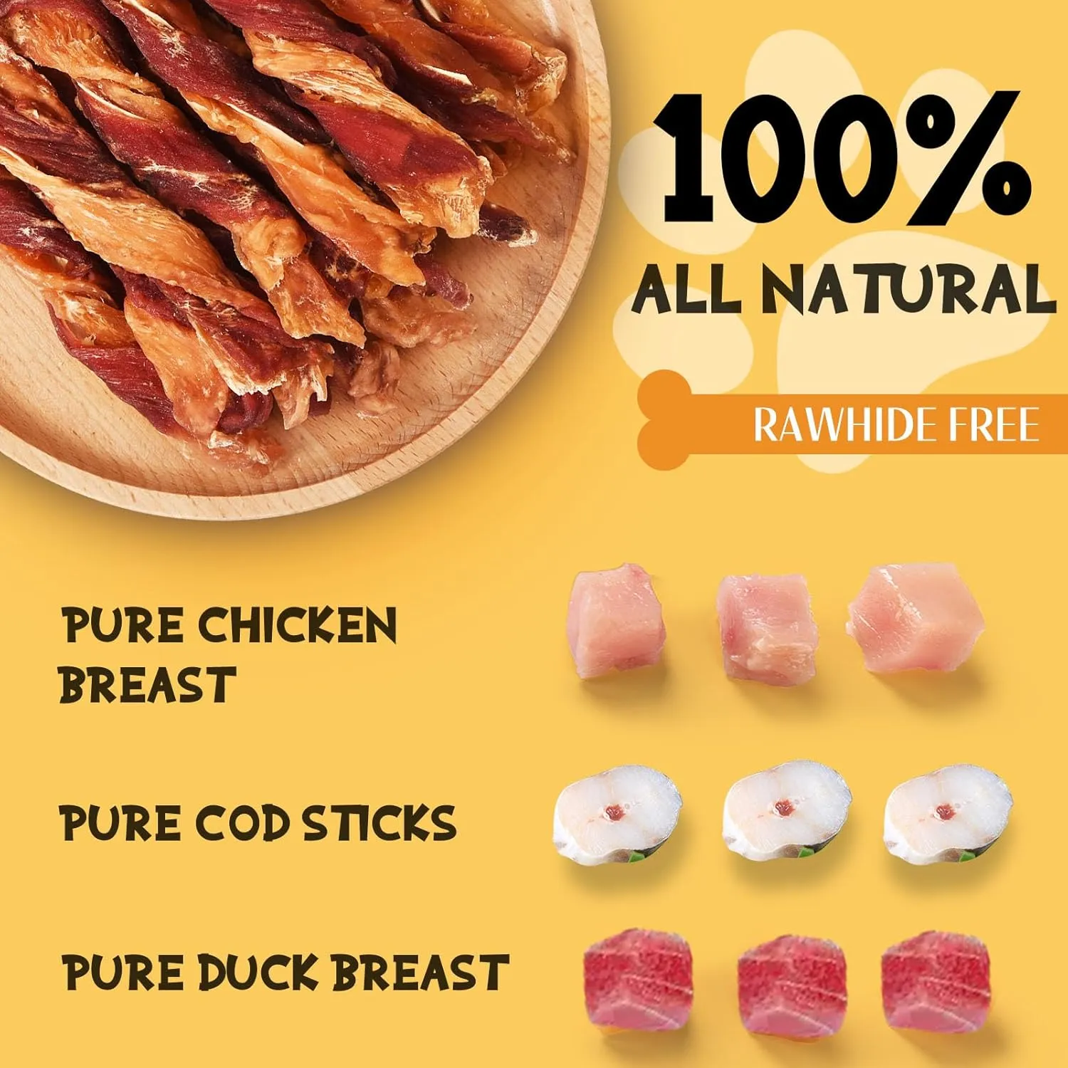 ASMPET Dog Jerky Treats, Triple Flavor Chicken Duck Cod Jerky Twist Sticks Rawhide Free Grain Free for Small Medium Large Dogs 10.6oz
