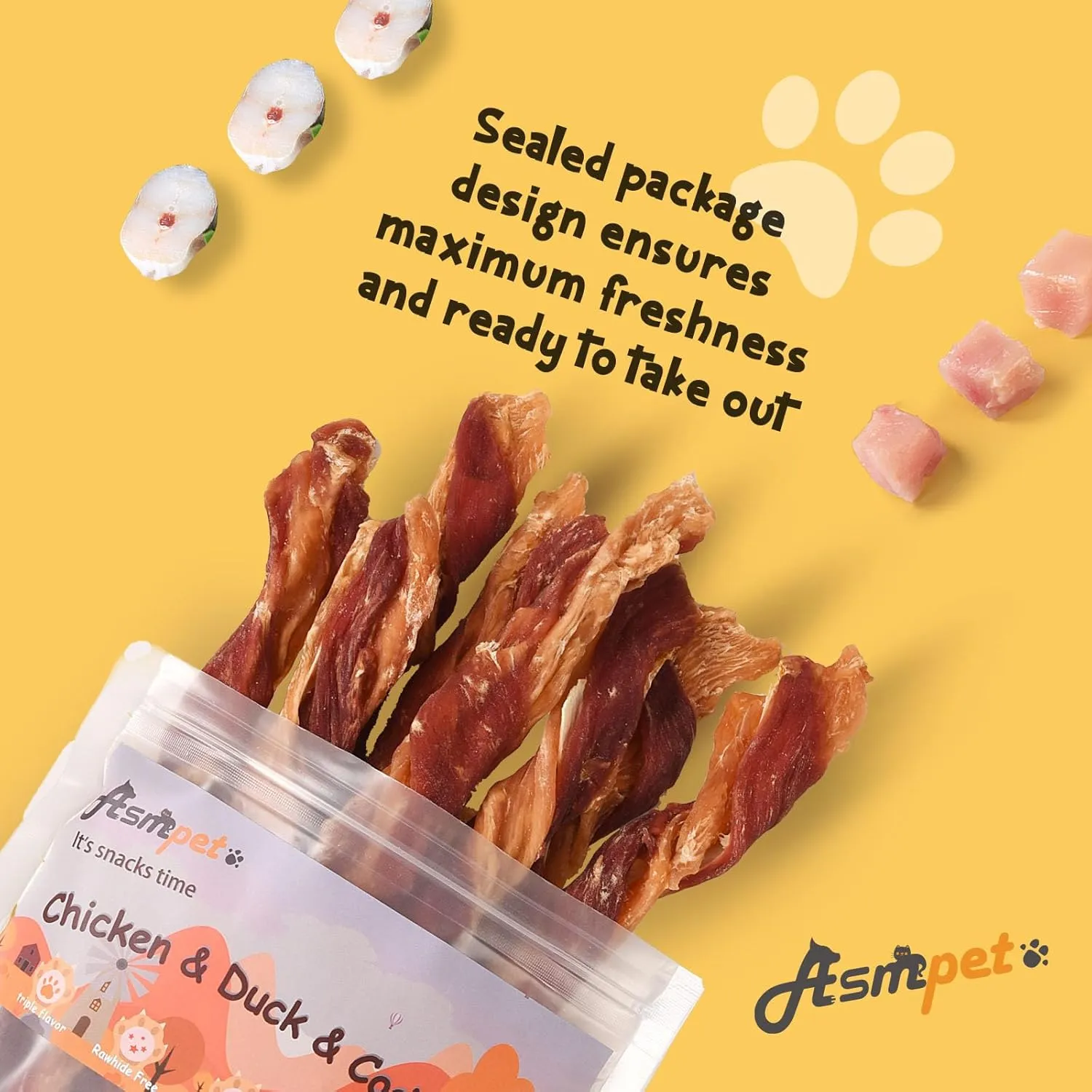 ASMPET Dog Jerky Treats, Triple Flavor Chicken Duck Cod Jerky Twist Sticks Rawhide Free Grain Free for Small Medium Large Dogs 10.6oz