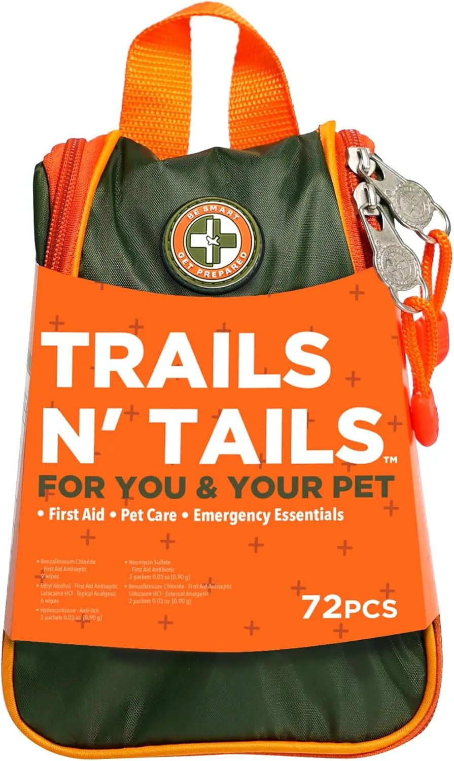 Be Smart Get Prepared Trails N Tails First Aid for You & Your Pet - 72 Pieces - Pet Care & Emergency Essentials - Designed for Pets, Outdoor, Auto & Home - Compact & Portable