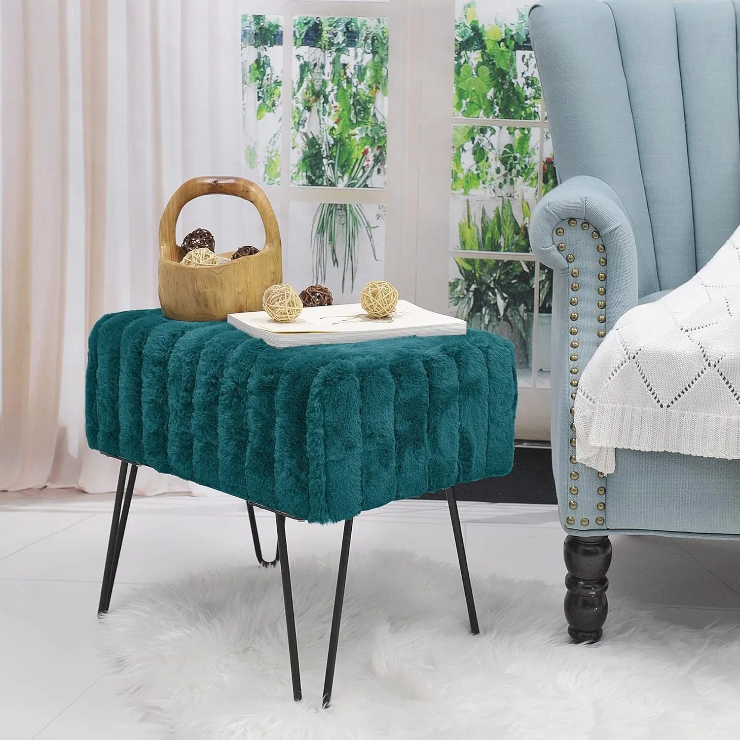 Blue-Green Mink Faux Fur Ottoman Entryway Bench, 19.5"x12.5"x17"H Comfy Furry Makeup Stools with Metal Legs Foot Rest Sturdy Foot Stool Bedroom End of Bed Living Room Couch Vanity Home Dcor