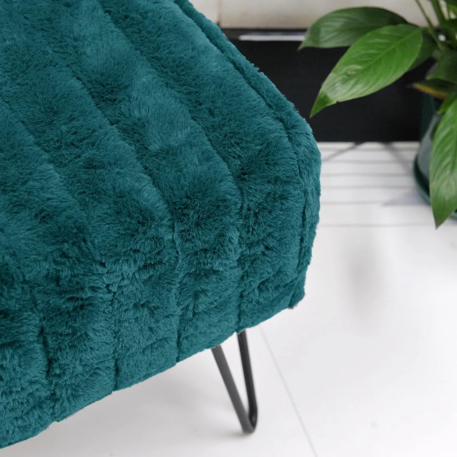 Blue-Green Mink Faux Fur Ottoman Entryway Bench, 19.5"x12.5"x17"H Comfy Furry Makeup Stools with Metal Legs Foot Rest Sturdy Foot Stool Bedroom End of Bed Living Room Couch Vanity Home Dcor