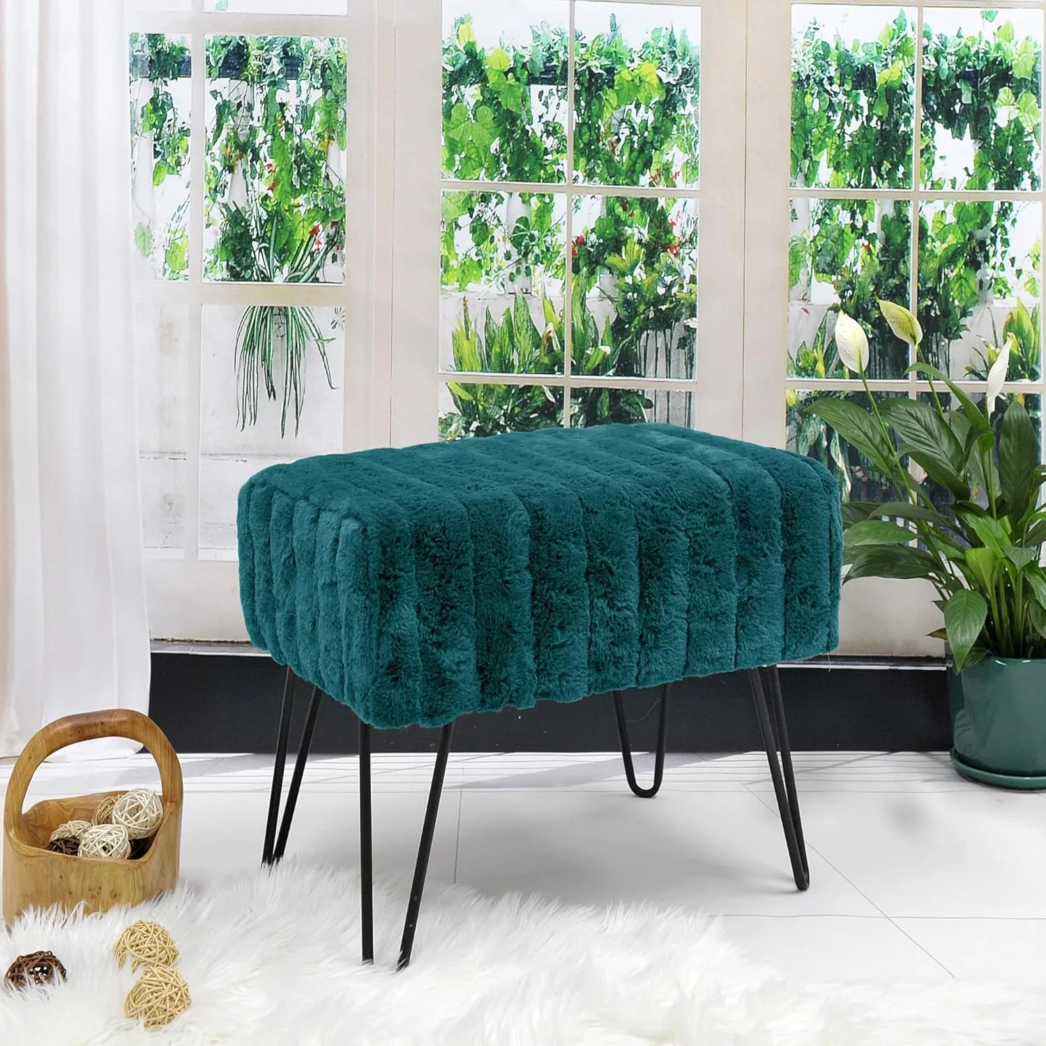 Blue-Green Mink Faux Fur Ottoman Entryway Bench, 19.5"x12.5"x17"H Comfy Furry Makeup Stools with Metal Legs Foot Rest Sturdy Foot Stool Bedroom End of Bed Living Room Couch Vanity Home Dcor