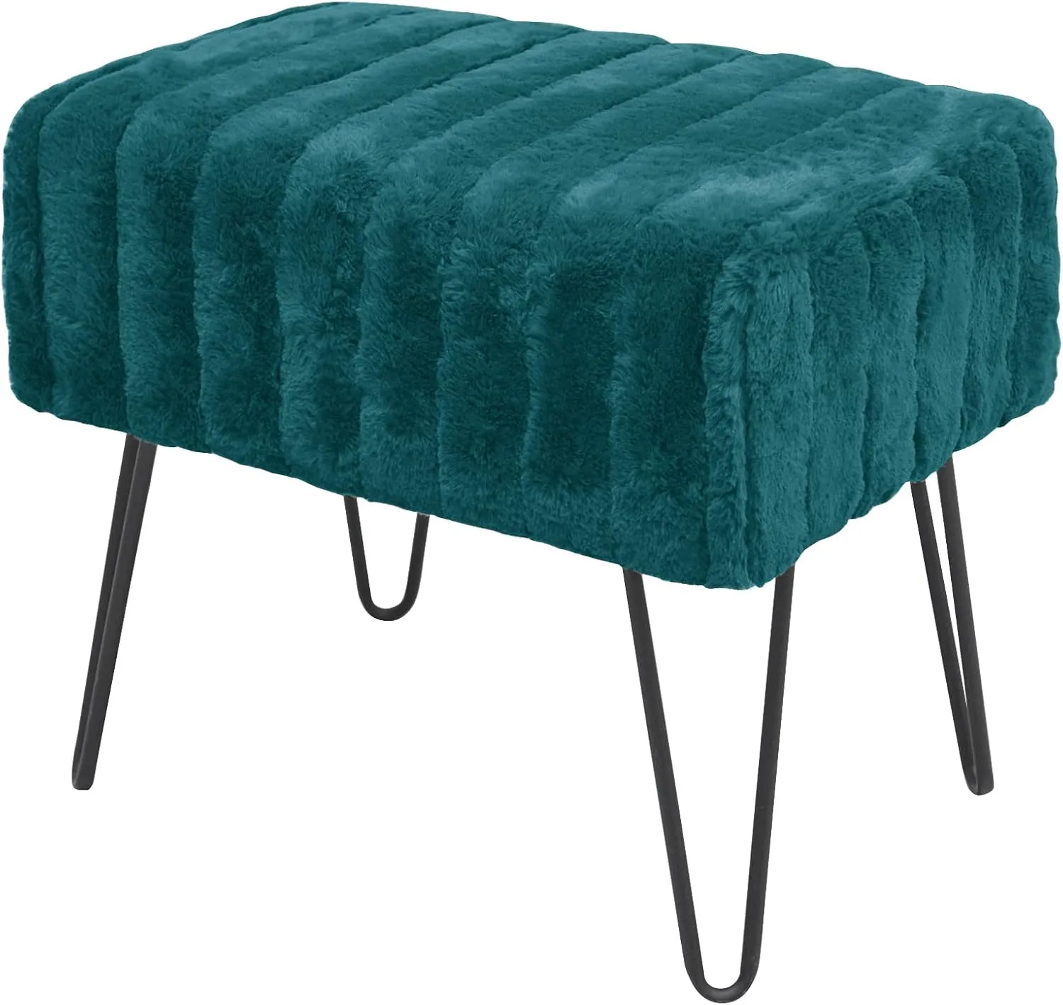 Blue-Green Mink Faux Fur Ottoman Entryway Bench, 19.5"x12.5"x17"H Comfy Furry Makeup Stools with Metal Legs Foot Rest Sturdy Foot Stool Bedroom End of Bed Living Room Couch Vanity Home Dcor