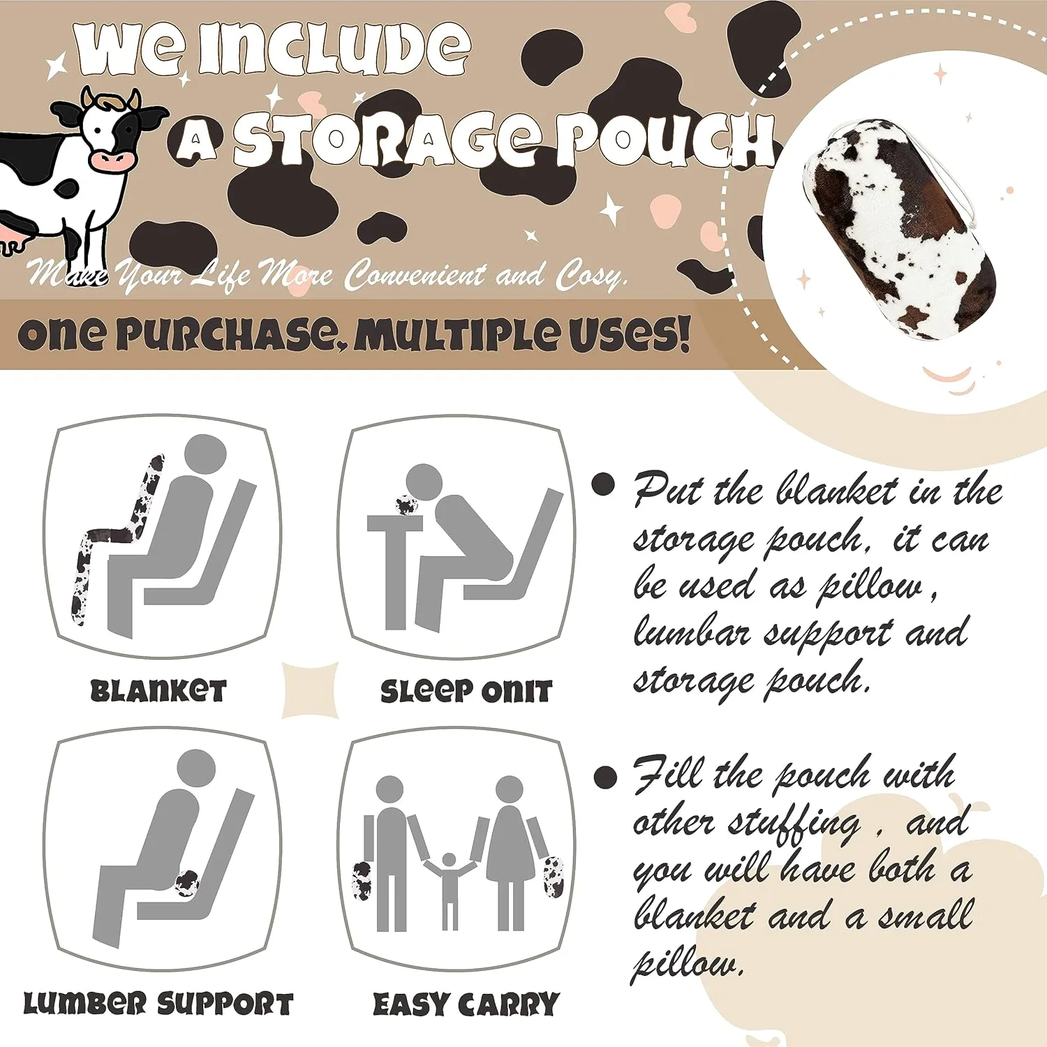 Bnuitland Cow Print Throw Blanket with Storage Pouch, 300 GSM Double Sided Cute for Bed/Sofa/Lap, Gift Blanket for Kids/Babys/Pets, Super Soft Cozy Lightweight Fuzzy Flannel Throw, 5040 inch