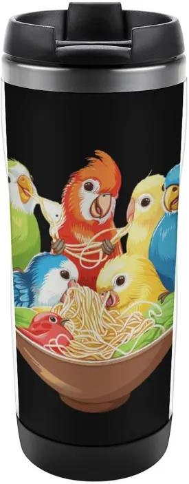 Bowl of Birbs Eating Noodles Insulated Travel Mug 12 Oz Stainless Steel Coffee Cup Tumbler with Lid