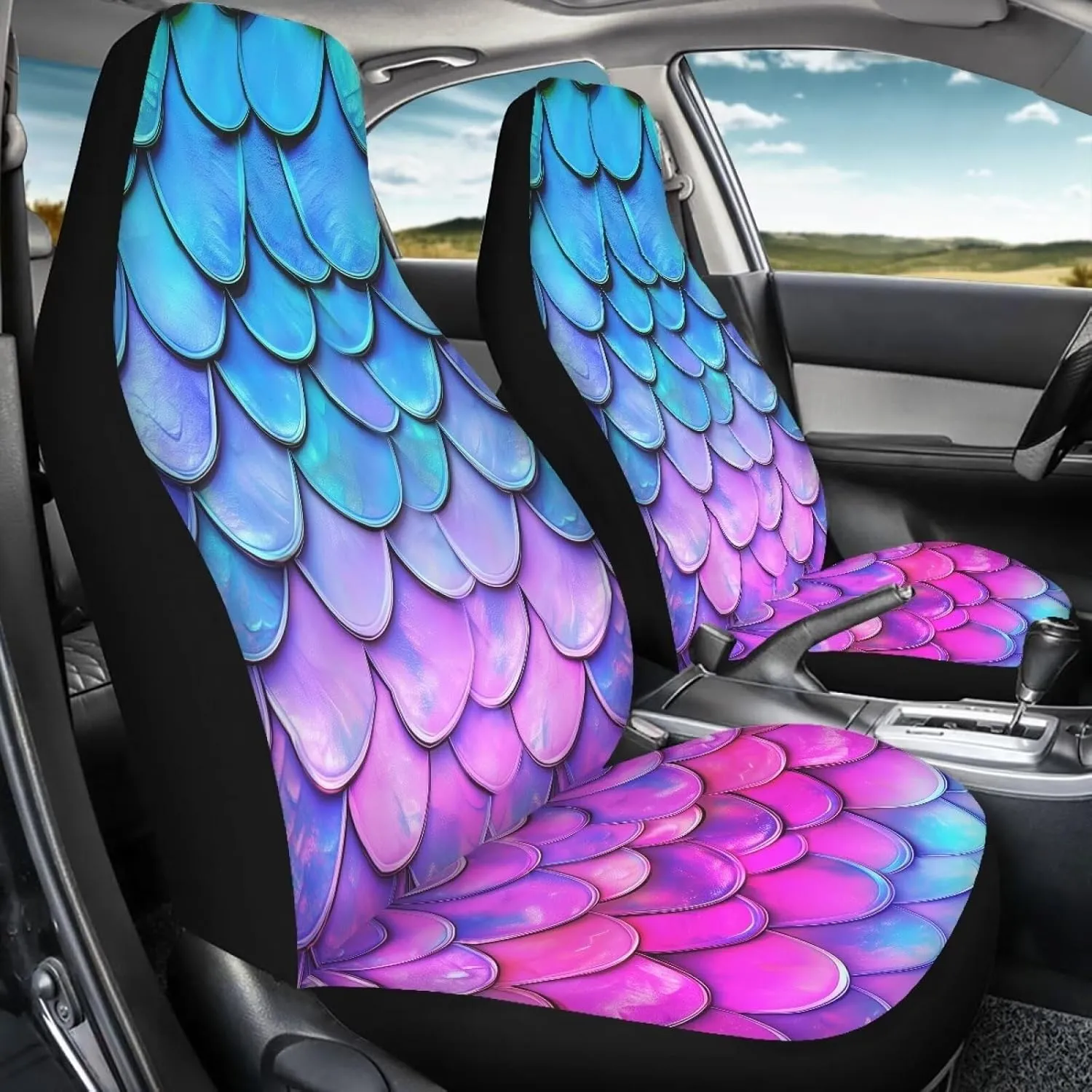 Bulopur Blue Fish Scale Car Seat Cover for Front Seat, Automotive Seat Covers Accessories, Breathable Front Car Seat Cover Pack of 2 Car Seat Protector Cushion Pad Mat