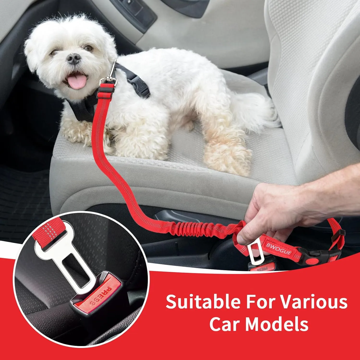BWOGUE Pet Dog Cat Seat Belt Reflective Car Dog Headrest Restraint Leash Elastic Buffer Bungee Adjustable Tangle-Free Safety Leads Vehicle Seatbelt Harness for Small, Medium and Large Dogs (1 Pack)