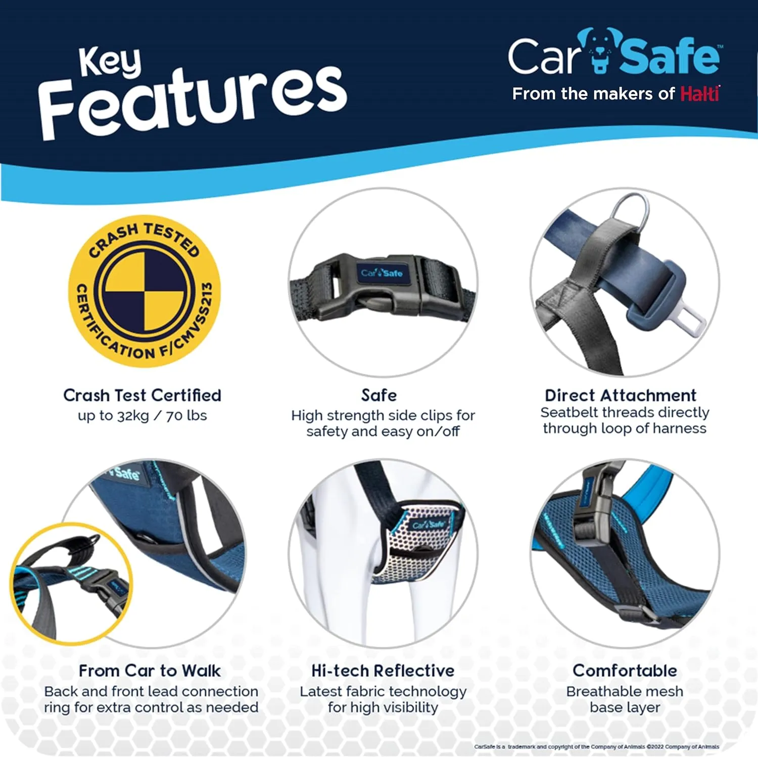 CarSafe Crash Tested Dog Safety Harness - Crash Tested to 32Kg/70lbs, Safely Secure Dog in The Car, Comfortable and Padded Design. for Toy, Small, Medium and Large Dogs (Size Large)