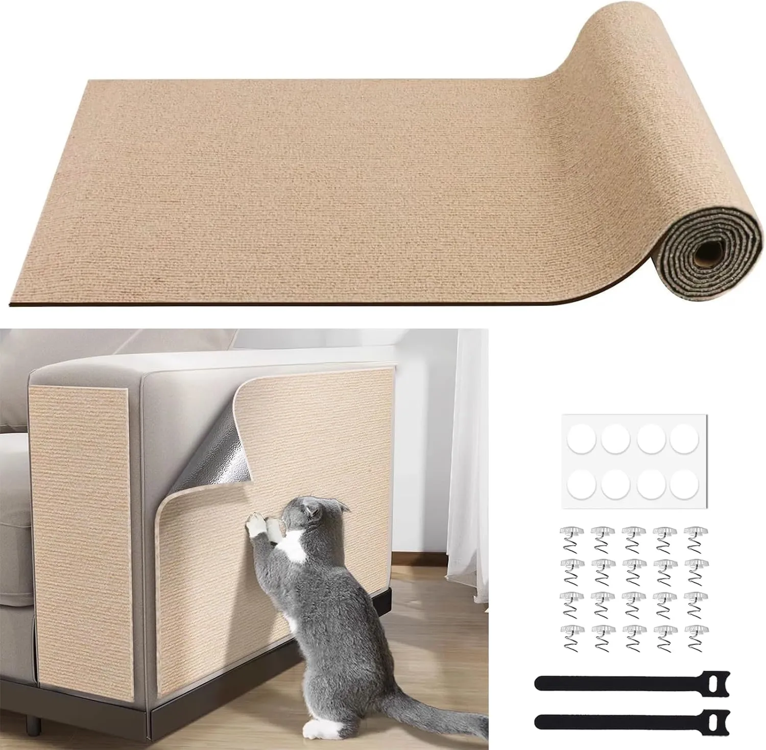 Cat Scratching Furniture Protector Self Adhesive Trimmable Protective Sofa Carpet Leather Furniture Pad Replacement for Cat Tree Shelves DIY Pet Scratch Protector (Khaki, 15.7"x78.7")