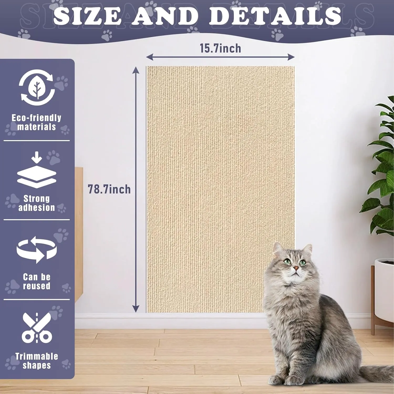 Cat Scratching Furniture Protector Self Adhesive Trimmable Protective Sofa Carpet Leather Furniture Pad Replacement for Cat Tree Shelves DIY Pet Scratch Protector (Khaki, 15.7"x78.7")