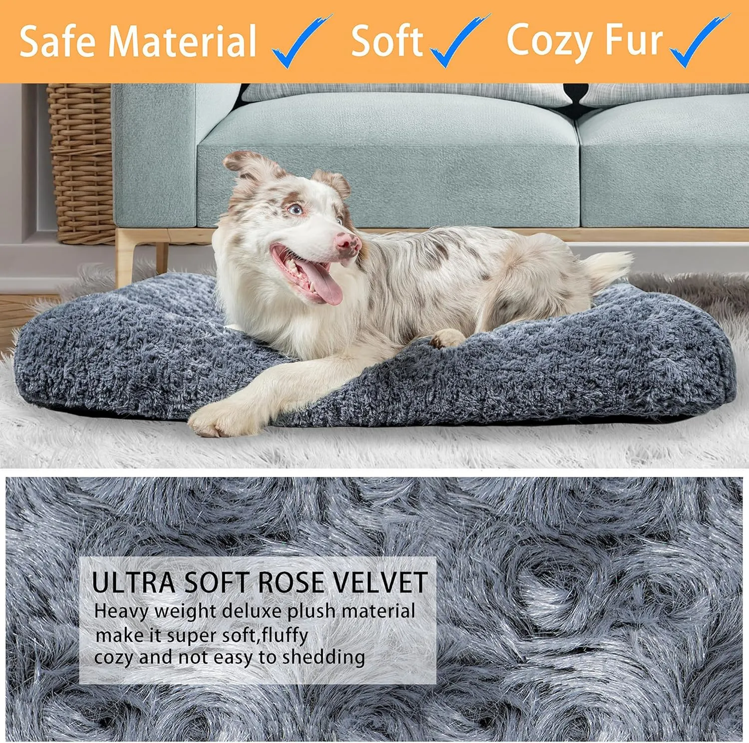 Dog Beds Crate Pad for Medium, Large Dogs, Deluxe Rose Plush Cat Sleeping Mats, Fits Crate Kennel Cage, Anti-Slip Pets Pillow, Washable Ultra Soft Fluffy Dog Bed for Crate (23"x18"Dark Grey)