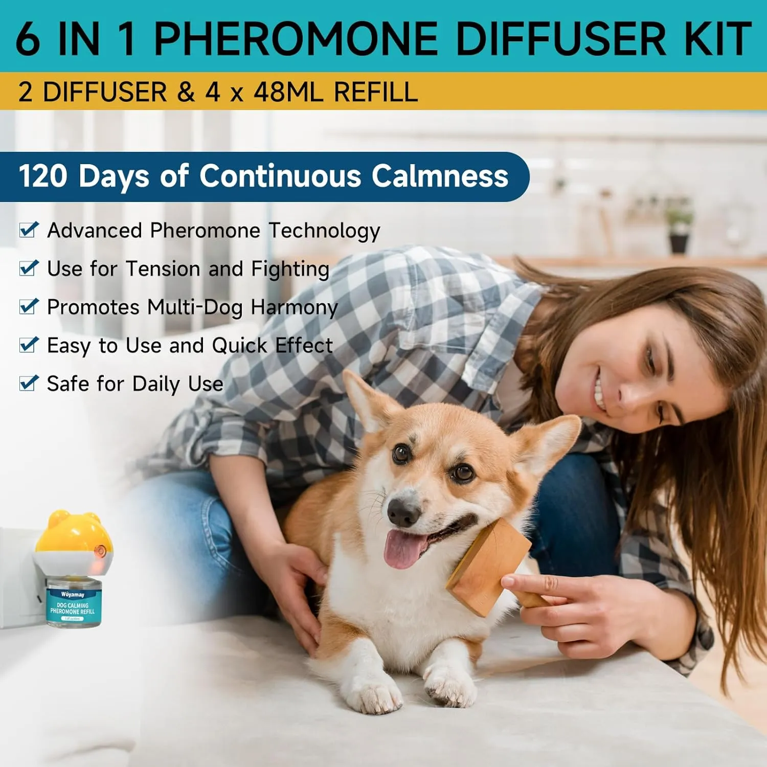 Dog Calming Diffuser - Dog Pheromones Calming Diffuser for Dog Anxiety Relief 6-in-1 Dog Pheromone Diffuser Kit with 2 Diffuser   4 Refill 48ml Vial - 120 Days Pheromone Diffuser to Calm Dogs