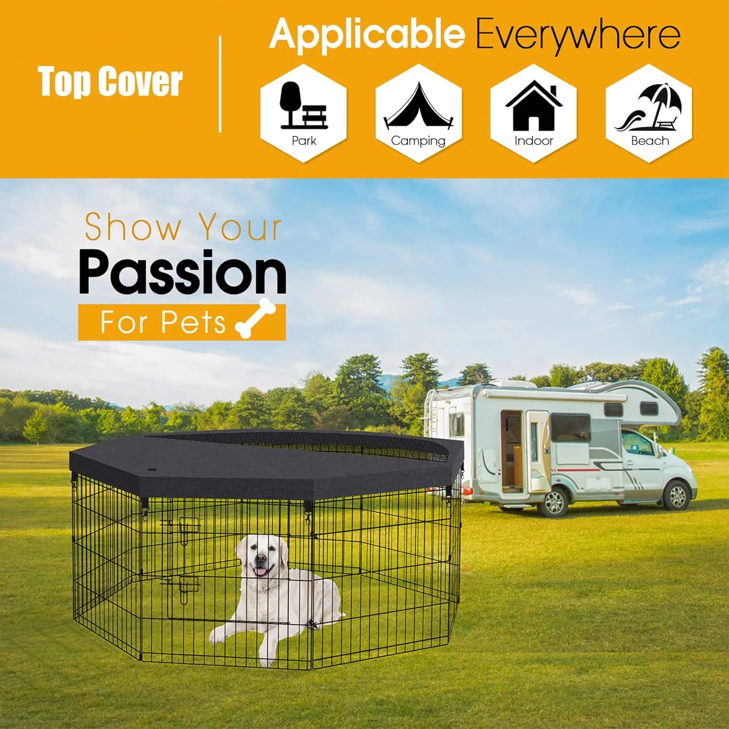 Dog Pen Pet Playpen Dog Fence Cover Indoor Foldable Metal Wire Exercise Puppy Play Yard Pet Enclosure Cover Outdoor (Only Top Cover, Playpen Not Included)
