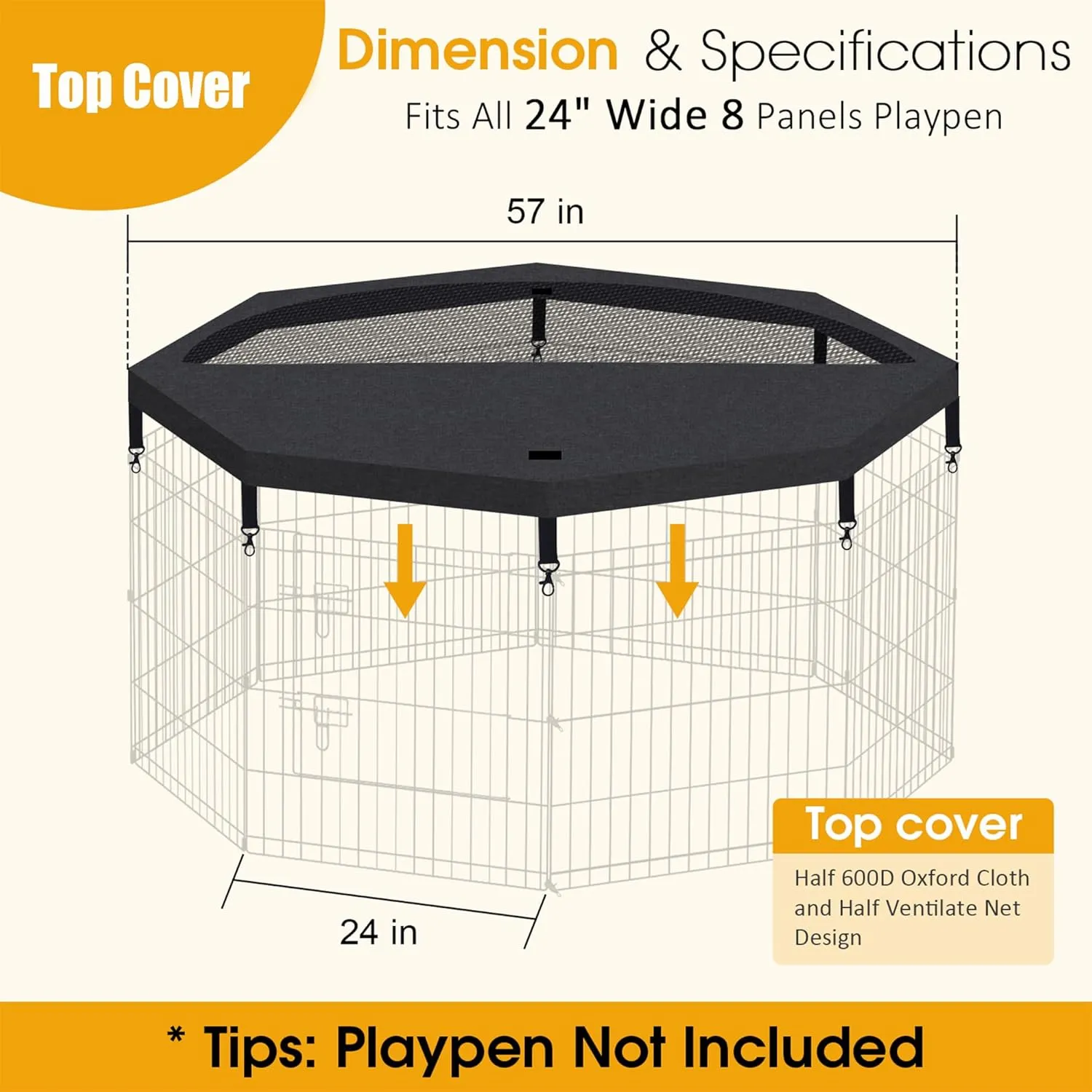 Dog Pen Pet Playpen Dog Fence Cover Indoor Foldable Metal Wire Exercise Puppy Play Yard Pet Enclosure Cover Outdoor (Only Top Cover, Playpen Not Included)