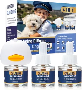 Dog Pheromone Calming Diffuser 4 In 1 Appeasing Pet Pheromones Diffuser to Calm Kit (Plug in  3 Pack 48ml Refill) for Anxiety Relief Reduce Barking Aggression Fighting Stress 90 Day Supply(Tasteless)