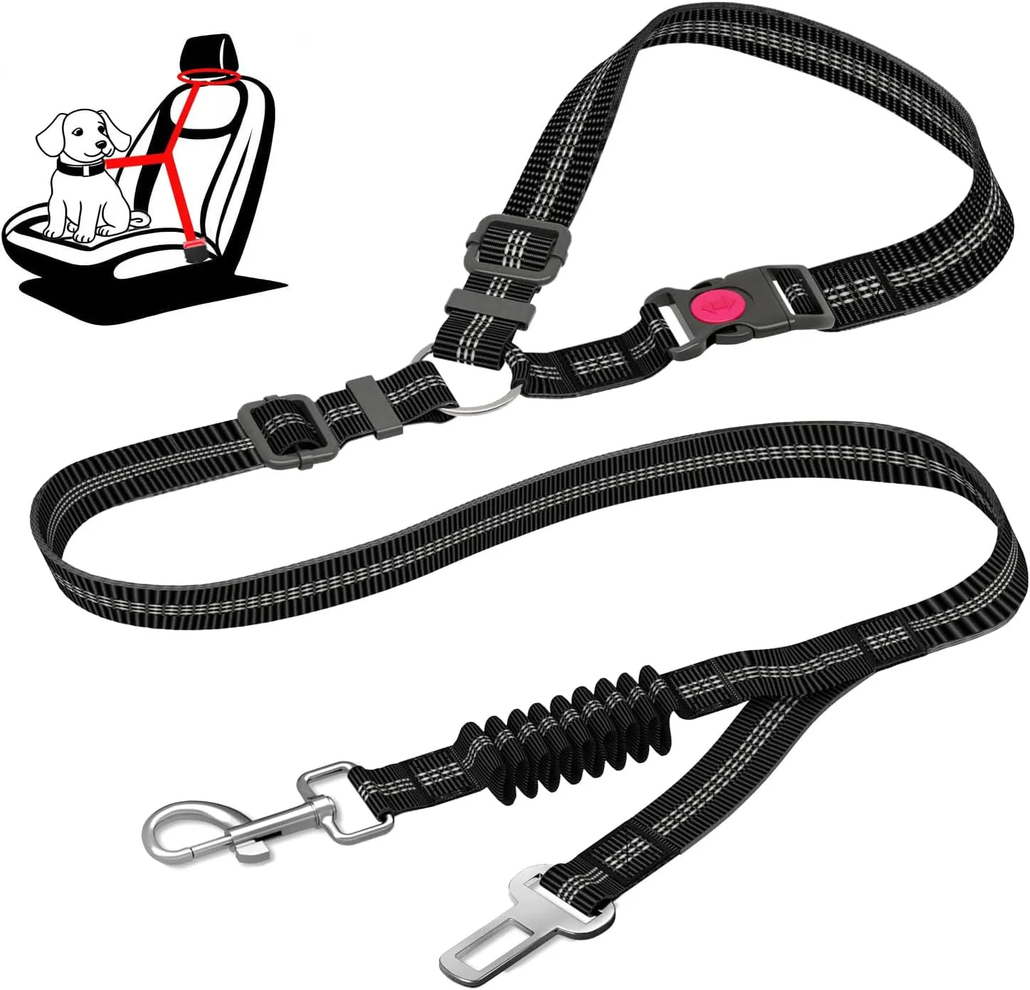 Dog Seat Belt, Updated Dual-Use Dog Seatbelt for Vehicle Headrests, Dog Car Leash for Dog car seat Cover - Bungee Retractable Adjustable for Your Pet, Pet Safety Car Harness