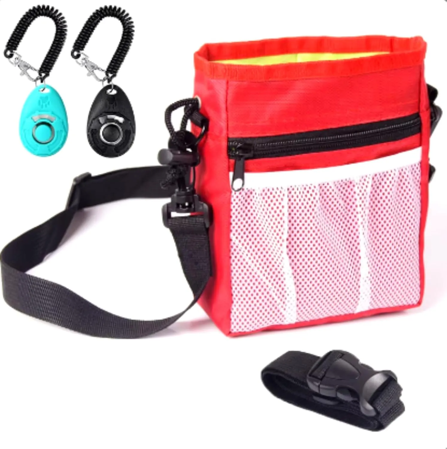 Dog Training & Treat Pouch | 4 Ways to Wear Treat Pouch for Pet Training and 2 Piece Clicker Training for Dogs| Waist Belt or Shoulder Strap Included