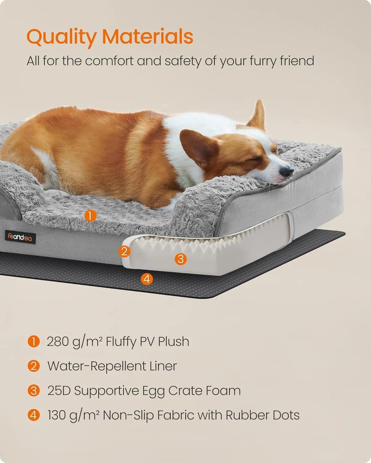 Feandrea Orthopaedic Dog Bed for Medium Dogs, Waterproof Dog Sofa Bed with Removable Washable Cover, 28 x 23 x 6.5 Inches, Dove Gray UPGW251G01