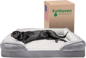 Furhaven Cooling Gel Dog Bed for Large Dogs w/ Removable Bolsters & Washable Cover, For Dogs Up to 125 lbs - Plush & Velvet Waves Perfect Comfort Sofa - Granite Gray, Jumbo Plus/XXL