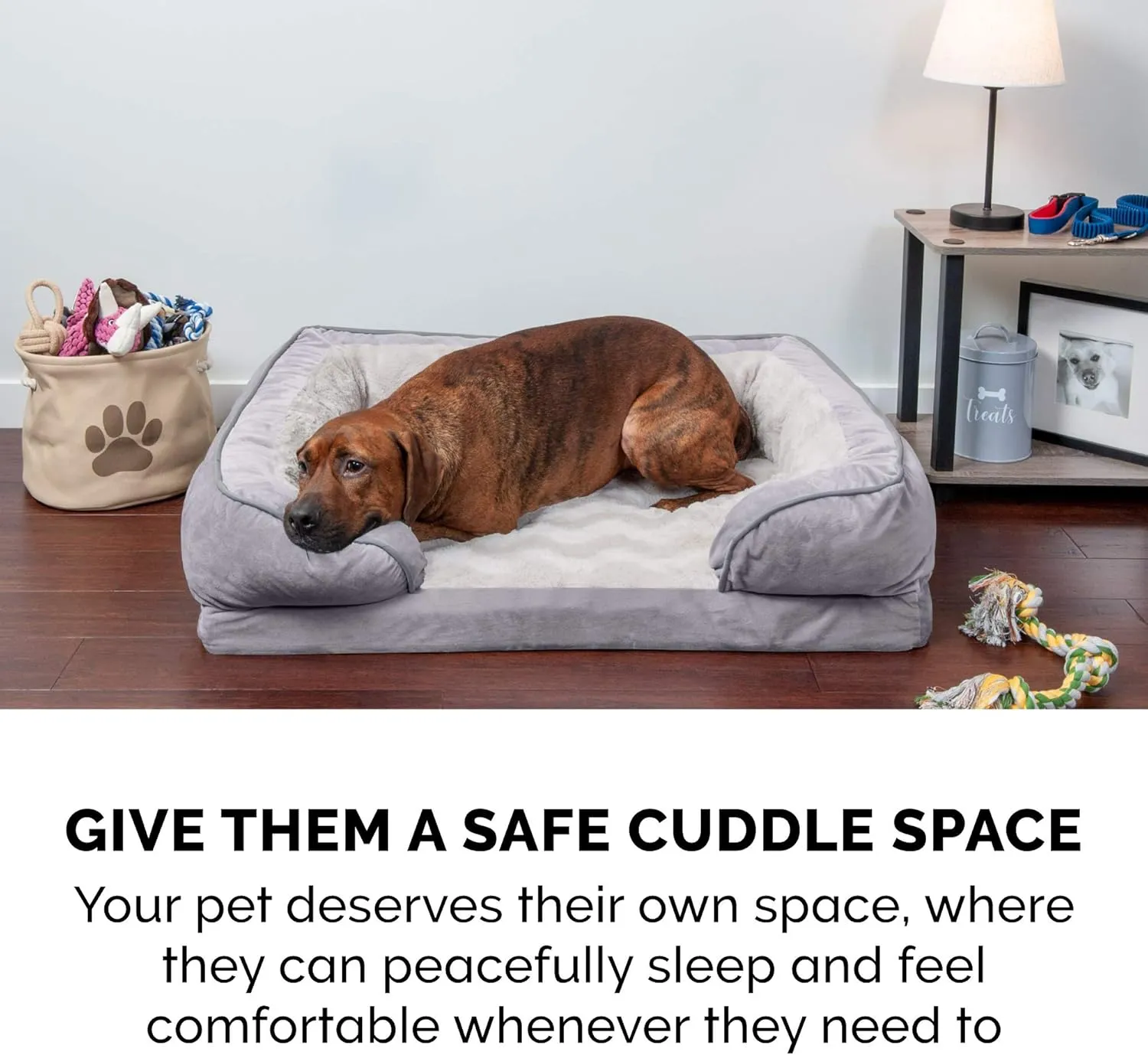 Furhaven Cooling Gel Dog Bed for Large Dogs w/ Removable Bolsters & Washable Cover, For Dogs Up to 125 lbs - Plush & Velvet Waves Perfect Comfort Sofa - Granite Gray, Jumbo Plus/XXL
