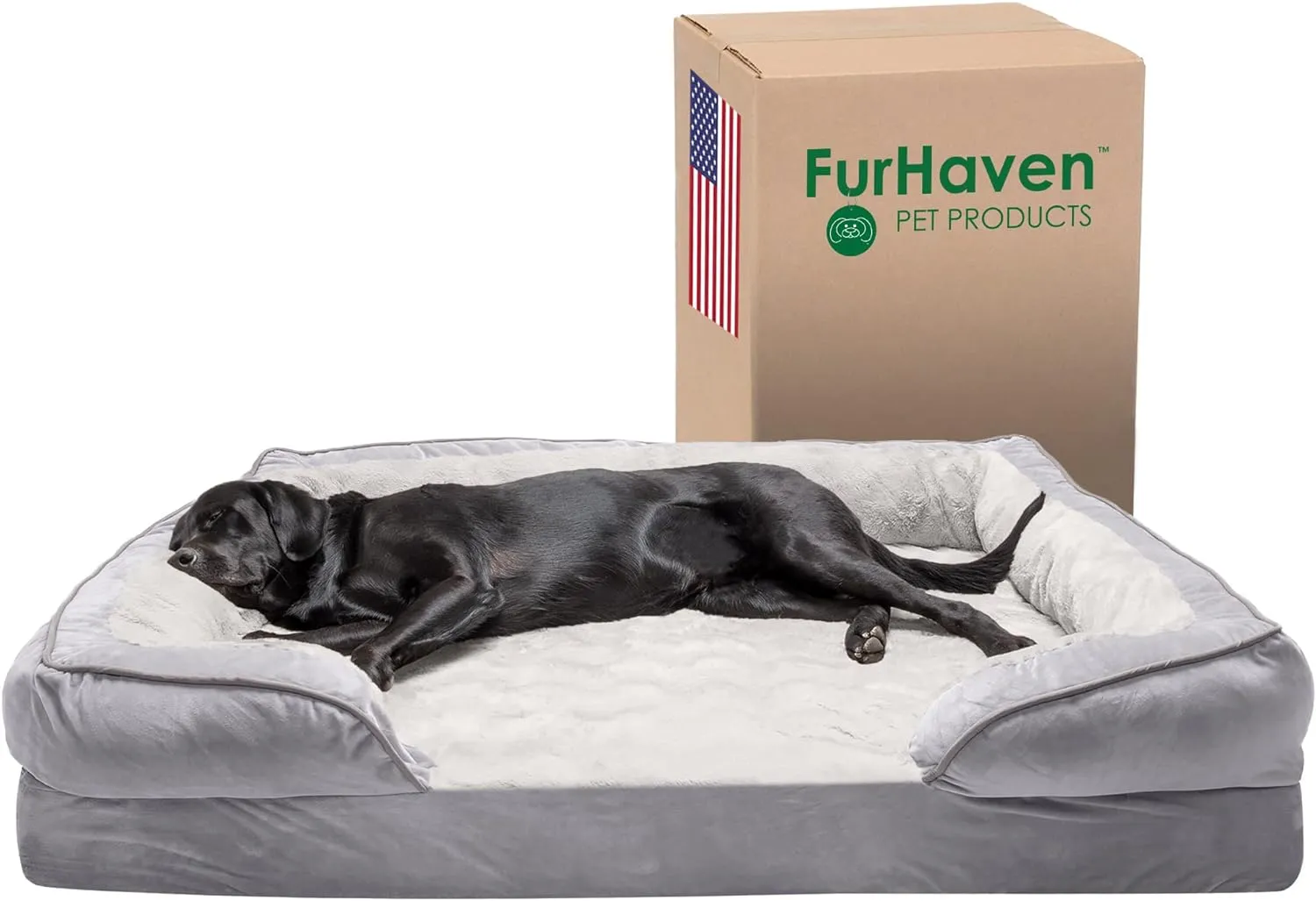 Furhaven Cooling Gel Dog Bed for Large Dogs w/ Removable Bolsters & Washable Cover, For Dogs Up to 125 lbs - Plush & Velvet Waves Perfect Comfort Sofa - Granite Gray, Jumbo Plus/XXL