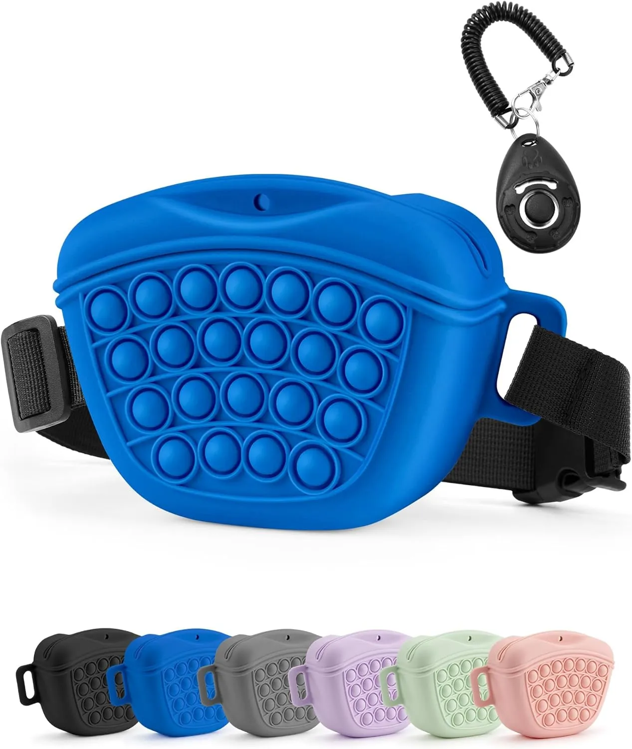 Gobeigo Dog Treat Pouch with Training Clicker 2.0-Upgrade Stronger Magnetic Closure to Avoid Spilling, 1.67 Cup Silicone Treat Bag Fanny Pack with Waist Belt for Pet Training Walking (Blue)