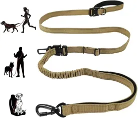 Hands Free Dog Leash for Walking Running with Safety Car Seat Belt, Shock Absorbing Bungee Dog Leash, Multifunctional Lead, Dual Handle with Reflective Strip, Max Stretch to 9.68 Feet (Khaki)