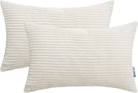 HWY 50 Cream White Corduroy Throw Pillow Covers 12x20 Inch Rectangle, Set of 2, Soft Cozy Decorative Cushion Cases for Couch Sofa Bed Living Room, Boho Striped Home Decor