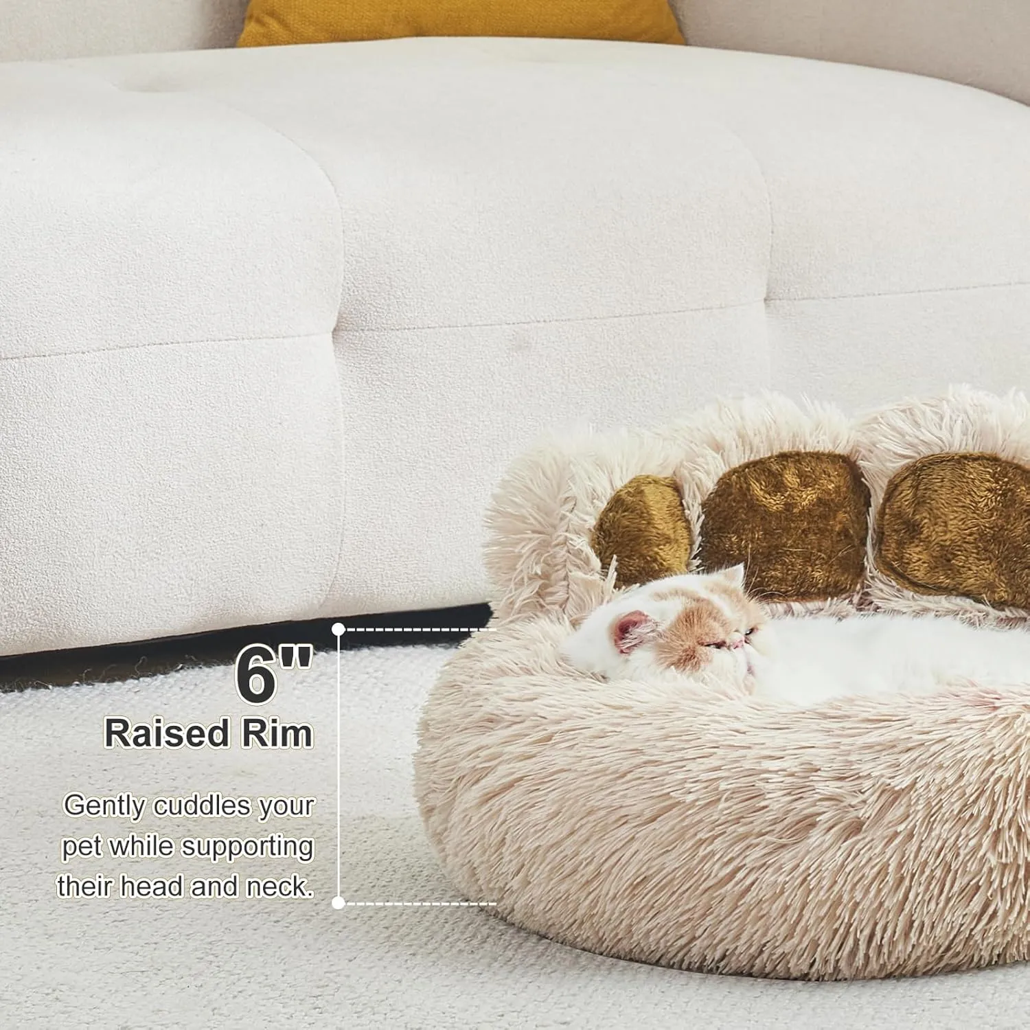 Jiupety Paw Shape Calming Pet Bed, Plush Faux Fur Donut Bed for Dogs & Cats, Machine Washable, Non-Slip Bottom, Medium (22"22"6"), Camel