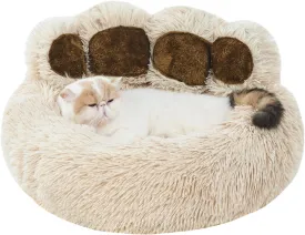 Jiupety Paw Shape Calming Pet Bed, Plush Faux Fur Donut Bed for Dogs & Cats, Machine Washable, Non-Slip Bottom, Medium (22"22"6"), Camel