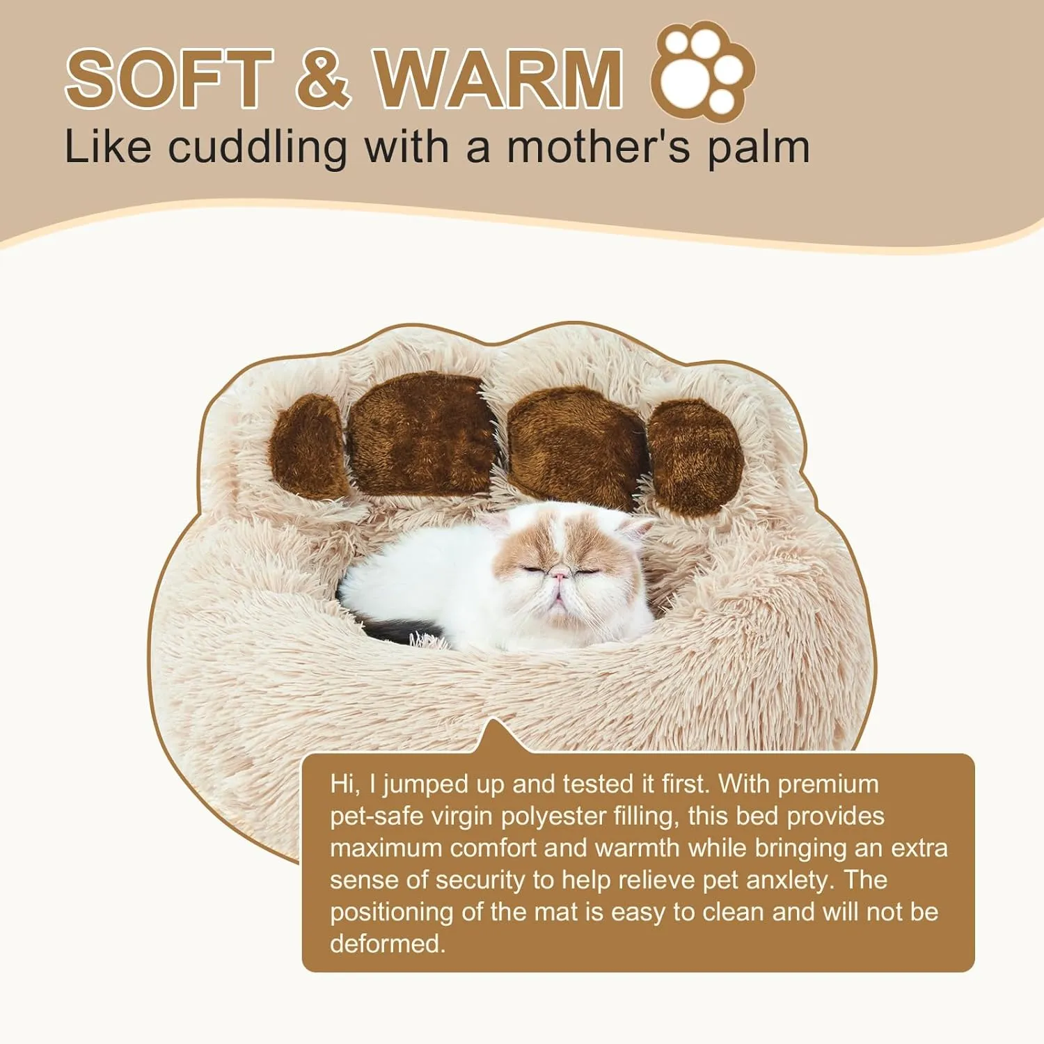 Jiupety Paw Shape Calming Pet Bed, Plush Faux Fur Donut Bed for Dogs & Cats, Machine Washable, Non-Slip Bottom, Medium (22"22"6"), Camel