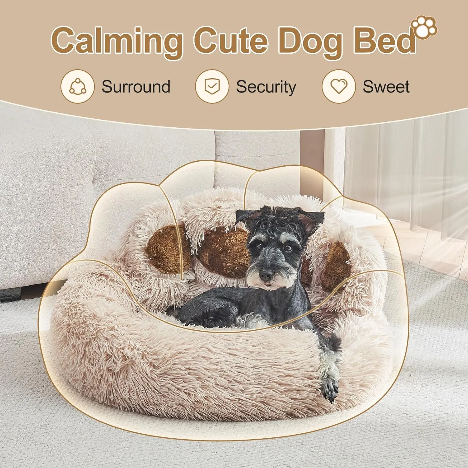 Jiupety Paw Shape Calming Pet Bed, Plush Faux Fur Donut Bed for Dogs & Cats, Machine Washable, Non-Slip Bottom, Medium (22"22"6"), Camel